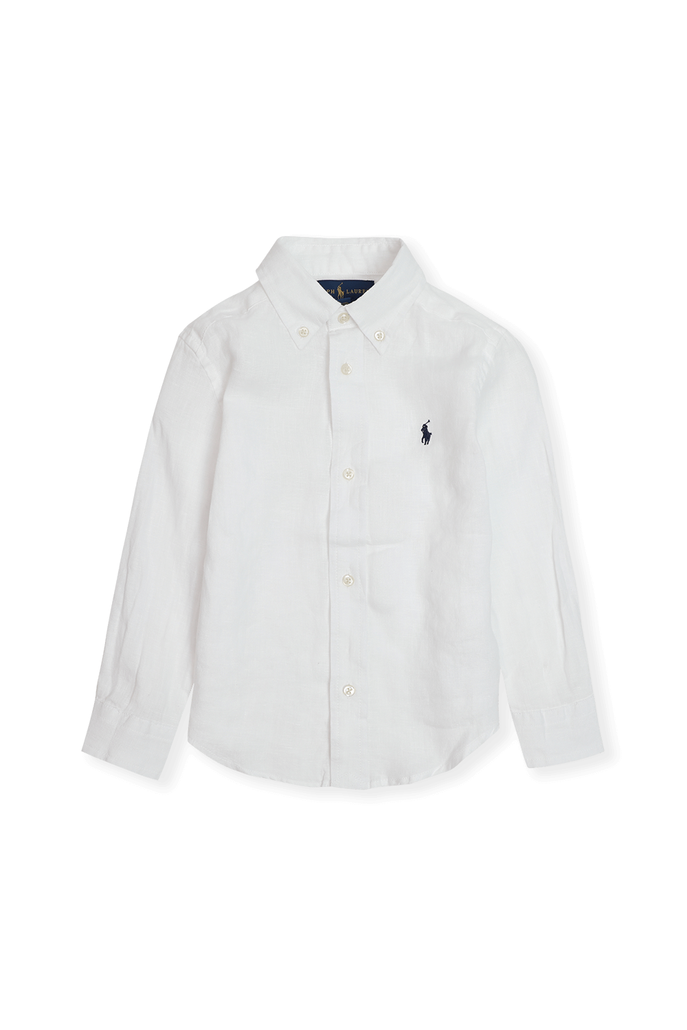 תמונה קידמית של גילאי 3-4 חולצת פשתן מכופתרת עם לוגו בגוון לבן