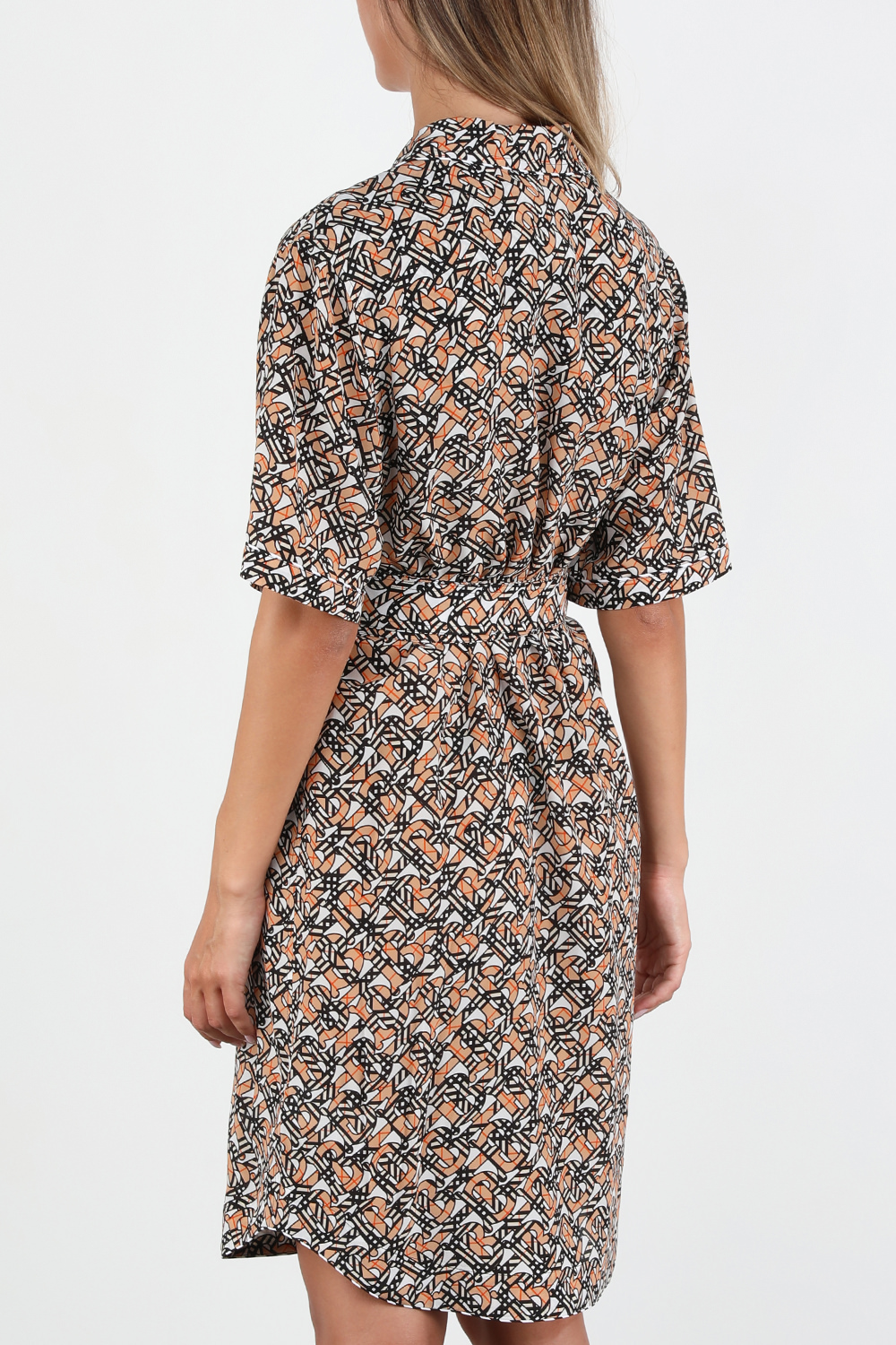 שמלת משי עם שרוולים קצרים בהדפס מונוגרמי BURBERRY