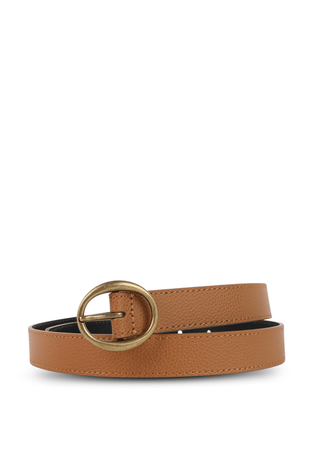 תמונה קידמית של חגורת עור חומה עם אבזם עגול מוזהב