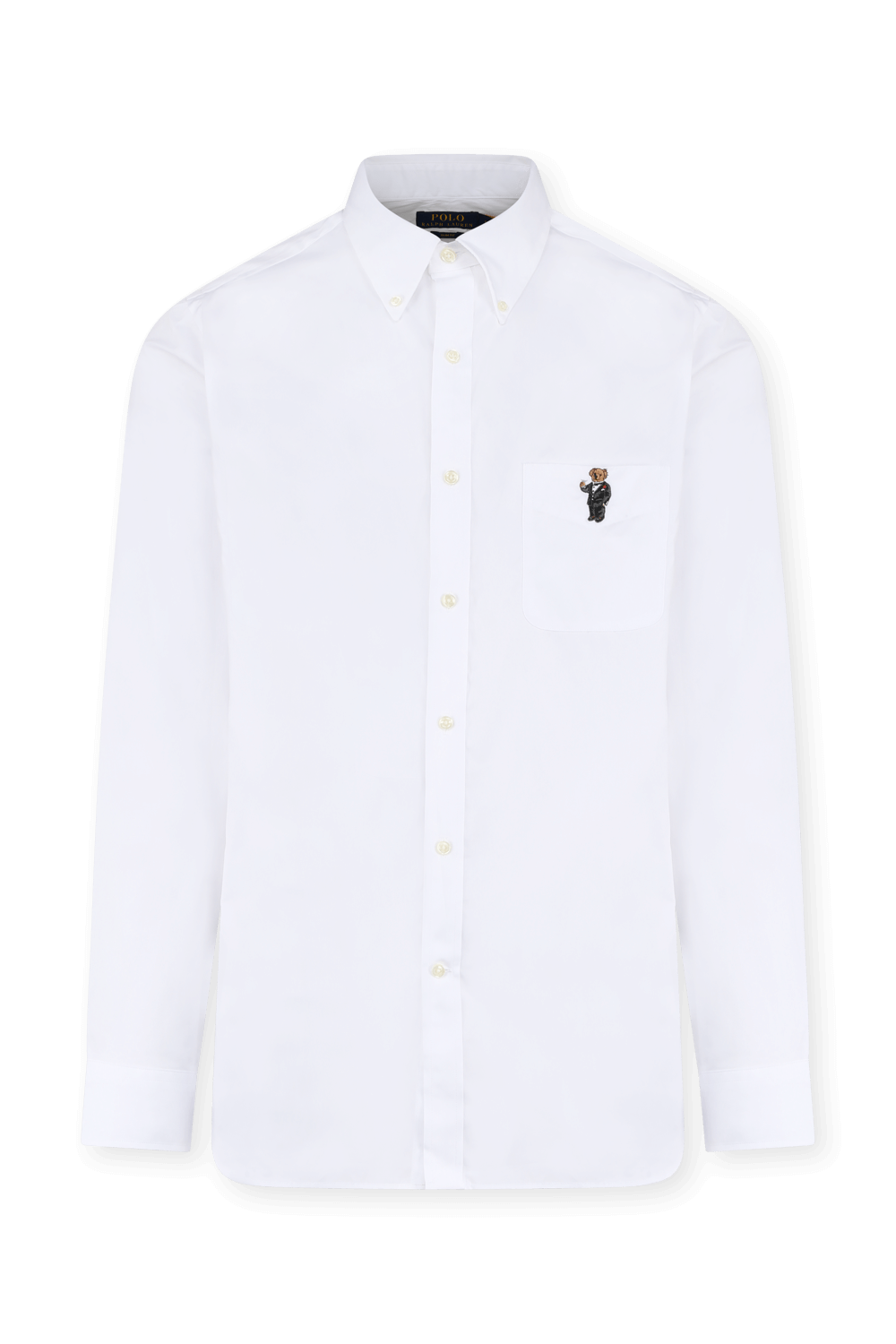 תמונה קידמית של חולצה מכופתרת מכותנה עם רקמת דובי אלגנטי