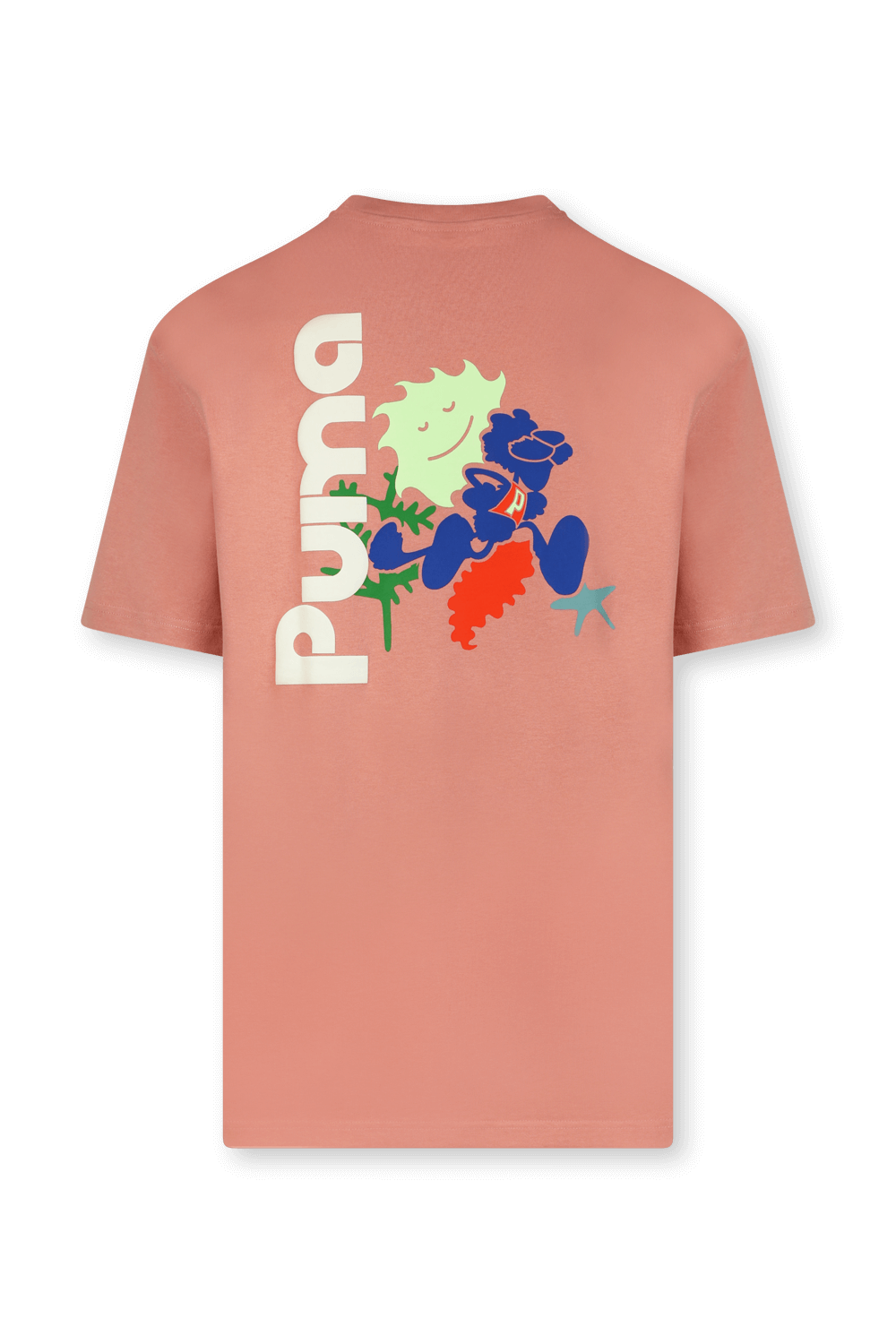 תמונה אחורית של חולצת לוגו טי ורודה עם פרינט בגב