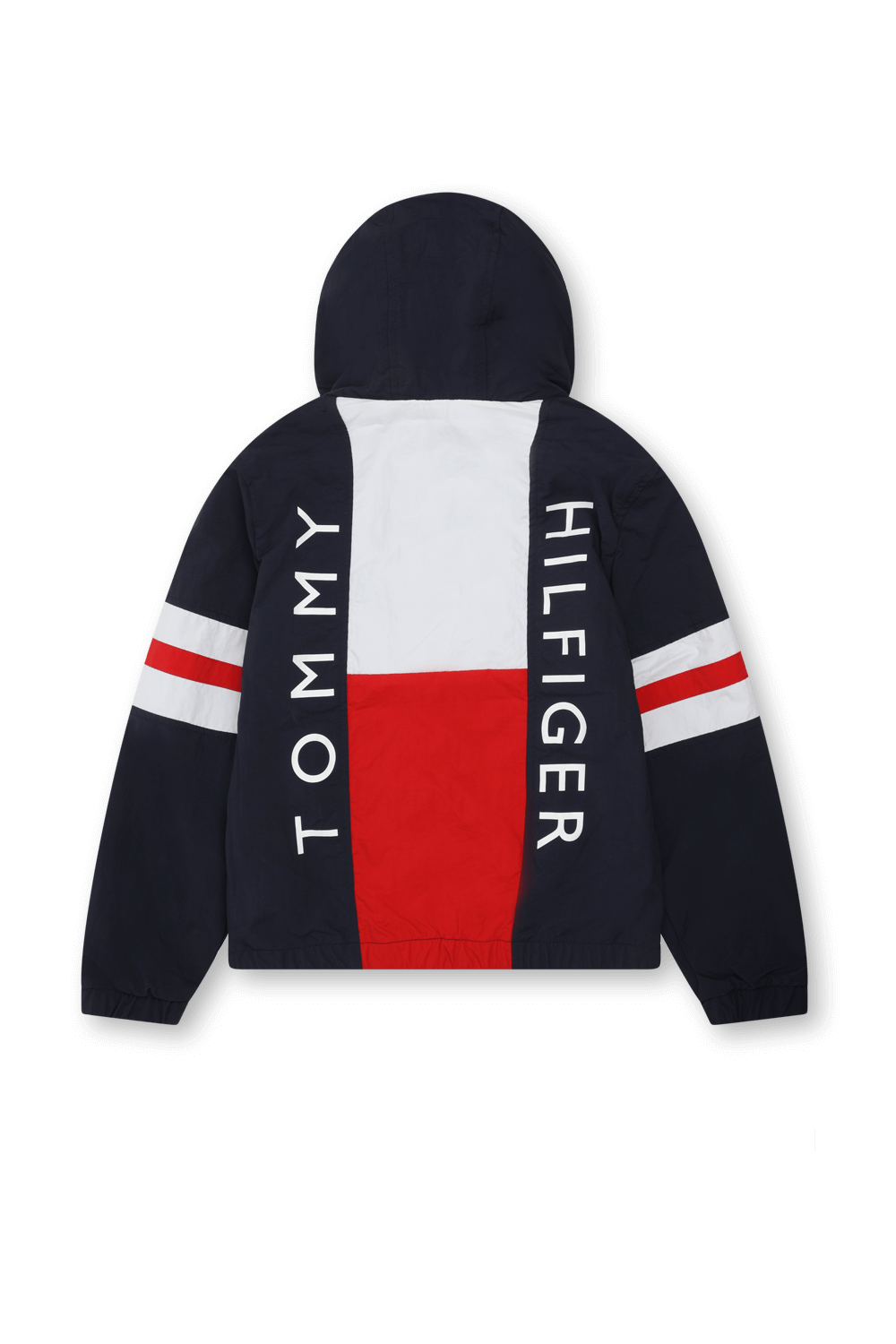 תמונה אחורית של גילאי 4-6 קולור בלוק ז'קט כחול עם דגל המותג