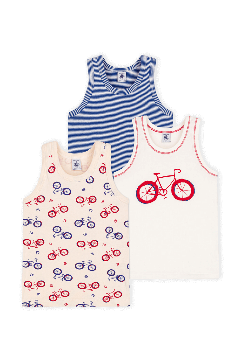 תמונה קידמית של מארז שלוש גופיות בהדפס פסים ואופניים - גילאי 2-8