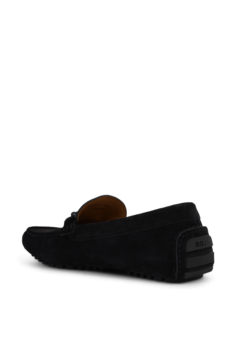 תמונה אחורית של נעלי מוקסין מעור זמש עם אלמנט מטאלי