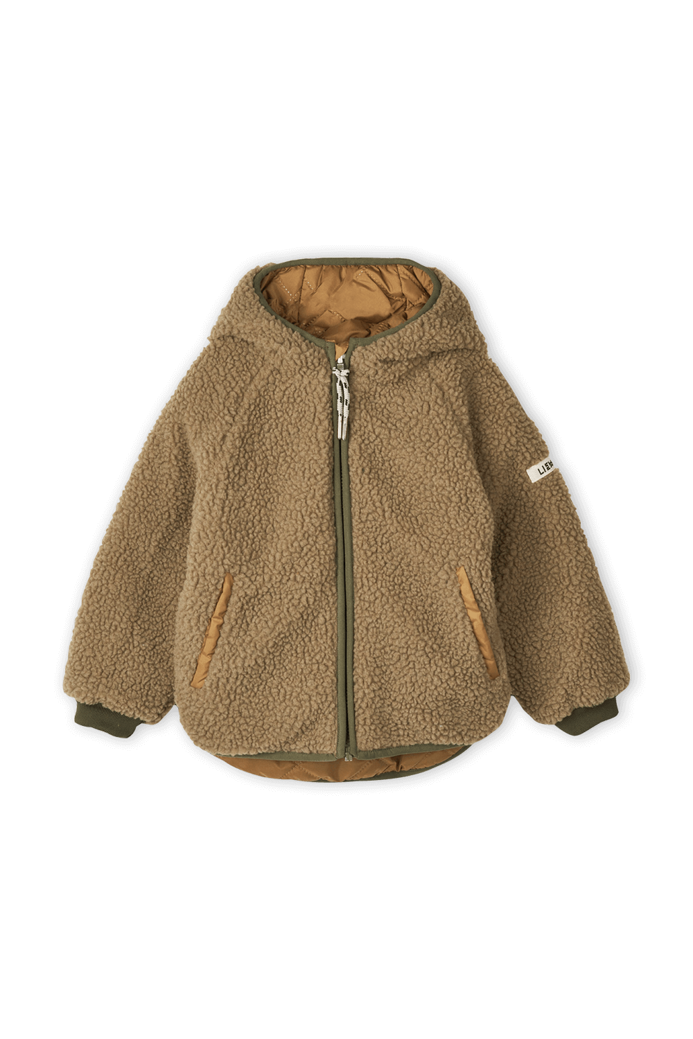 תמונת תקריב של גילאי 1-10 מעיל ג'קסון דו צדדי קווילט בגוון חום