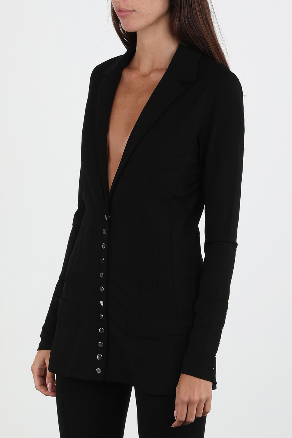 תמונת דוגמן קידמית של V Neck Buttons Long Shirt in Black