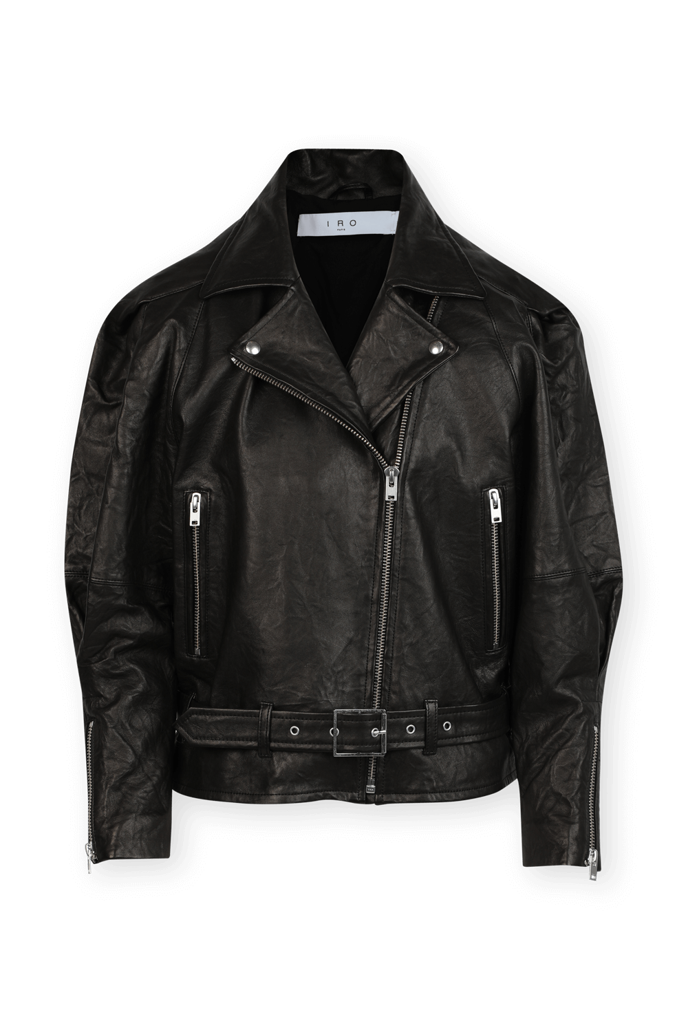 תמונה קידמית של Kabuki Oversized Puff Sleeve Leather Jacket In Black