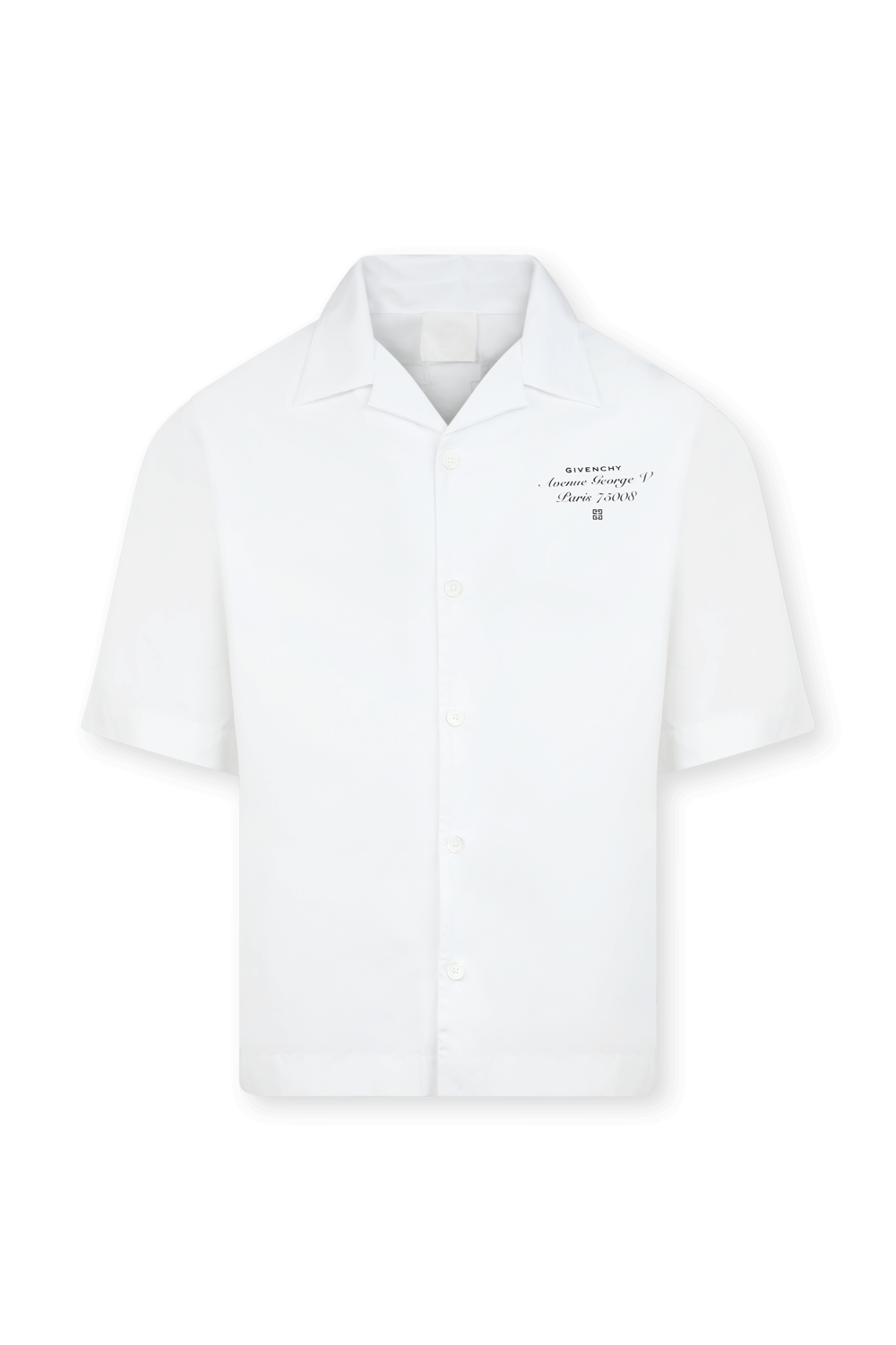 תמונה קידמית של חולצה מכופתרת קצרה לבנה עם כיתוב לוגו