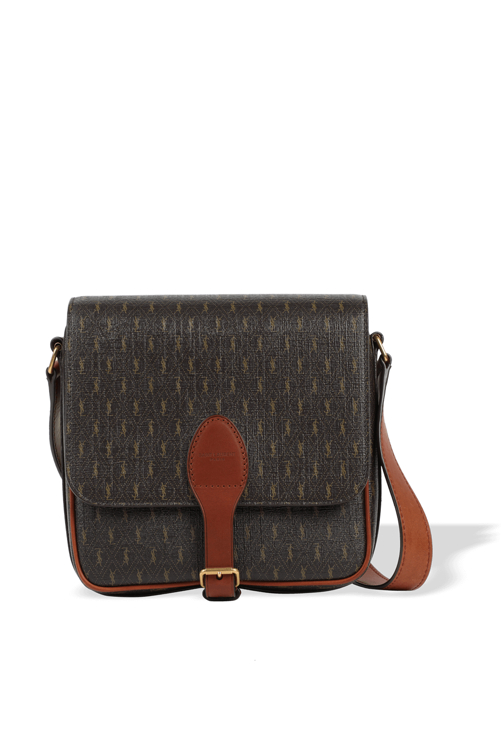 תמונה קידמית של תיק צד מונוגרמי מעור בצבע חום