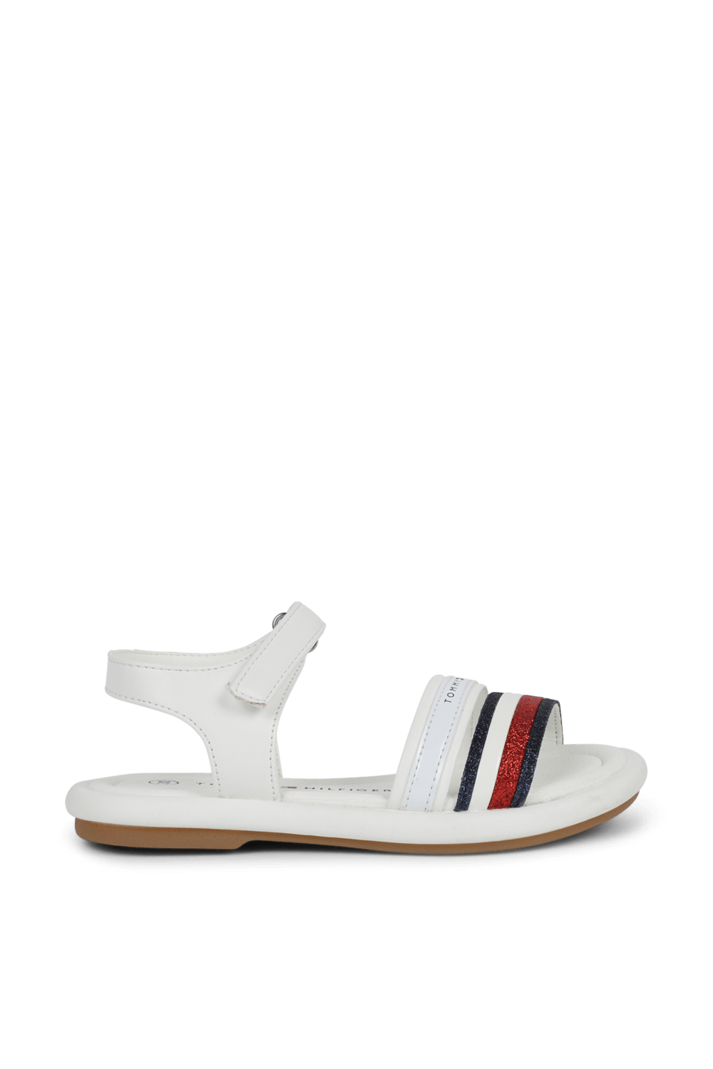 תמונה קידמית של מידות 30-34 סנדלים לבנים עם רצועה מנצנצת