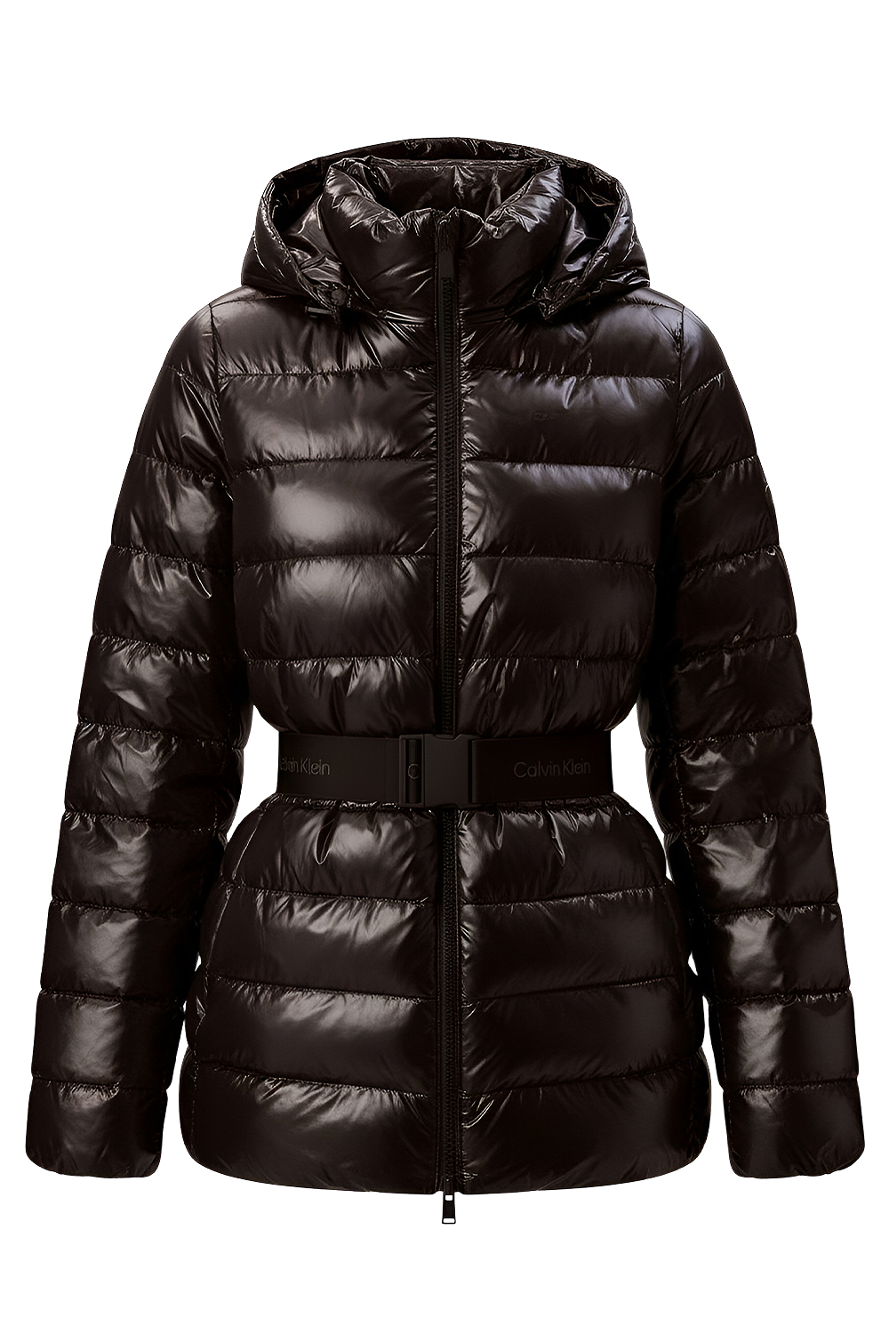 תמונה קידמית של מעיל פוך עם חגורה