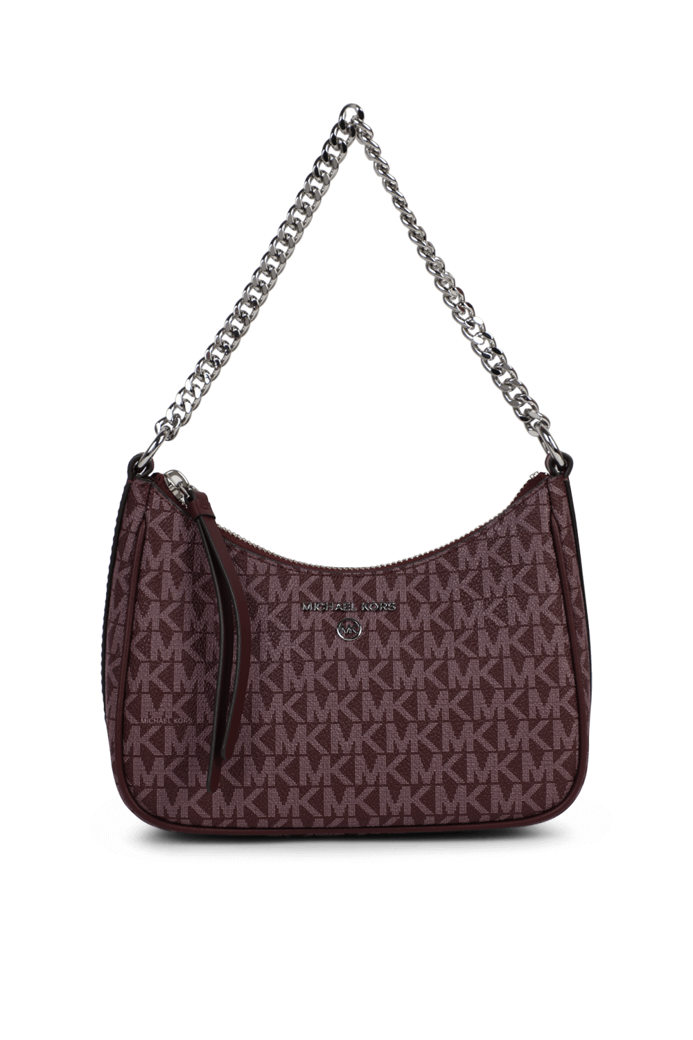 תמונה קידמית של תיק כתף מונוגרמי עם שרשרת מטאלית