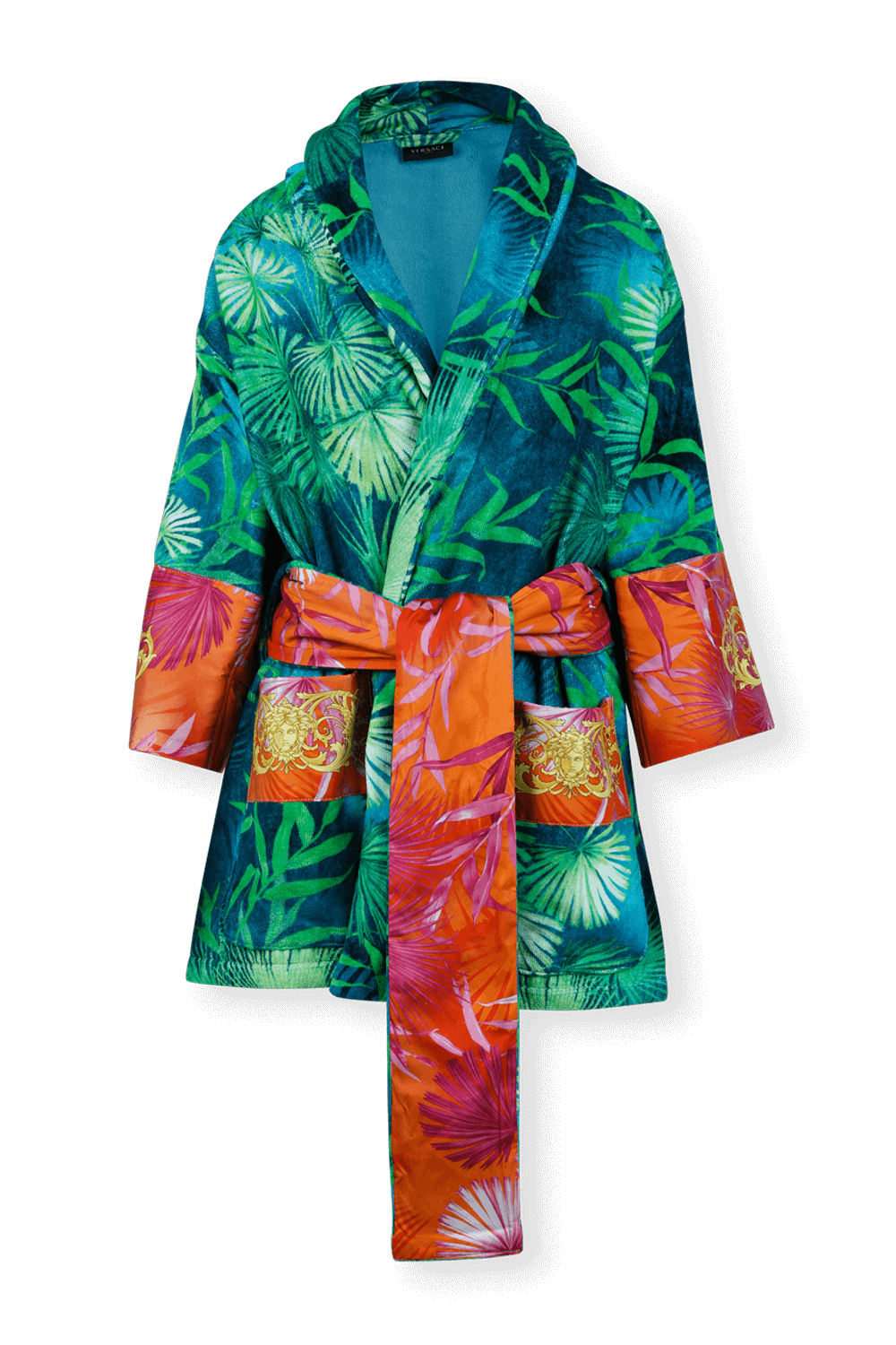 תמונה קידמית של חלוק רחצה בגווני ירוק וכתום עם הדפס ג'ונגל