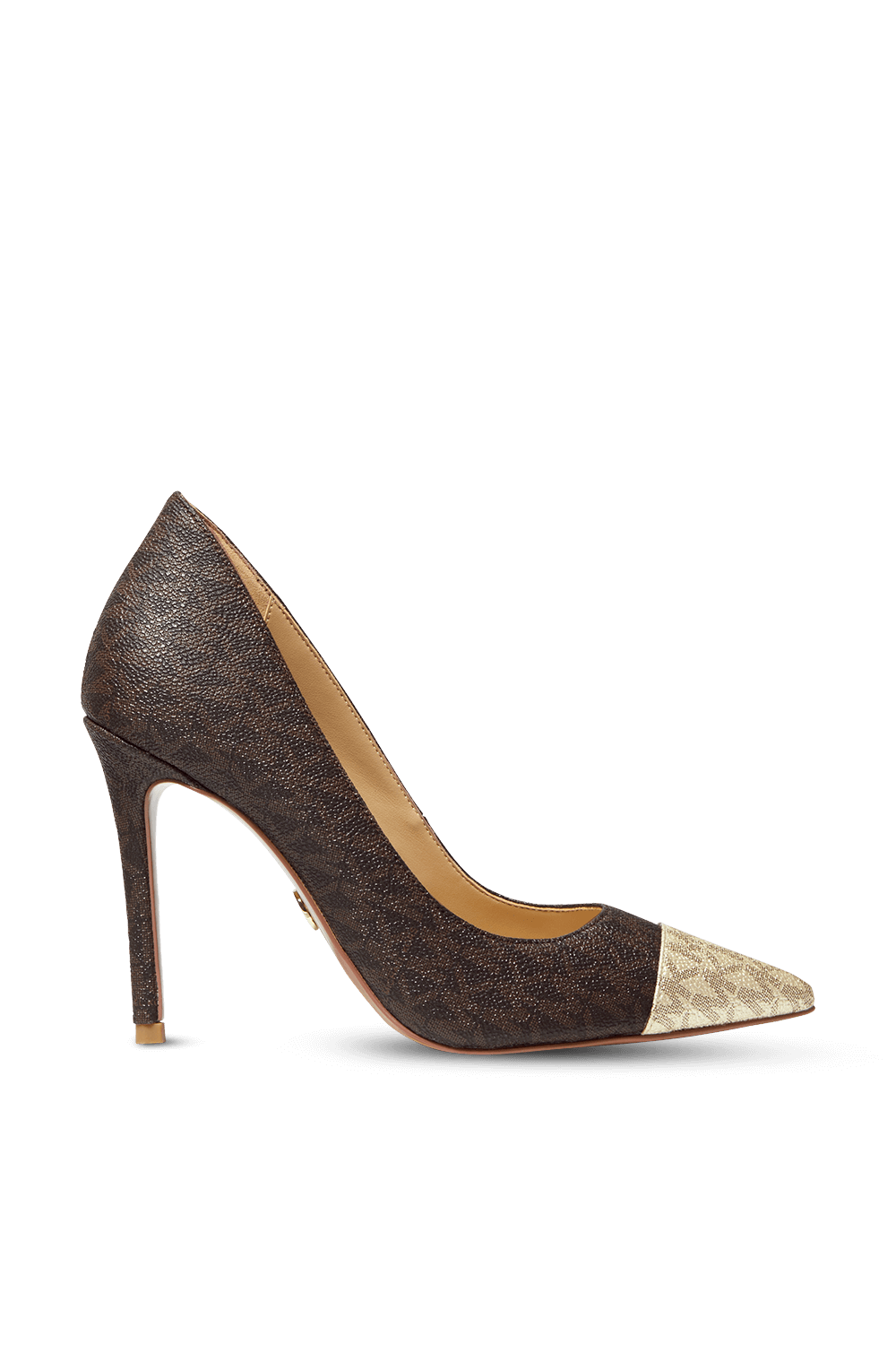 תמונה קידמית של נעלי עקב מונוגרמיות חומות