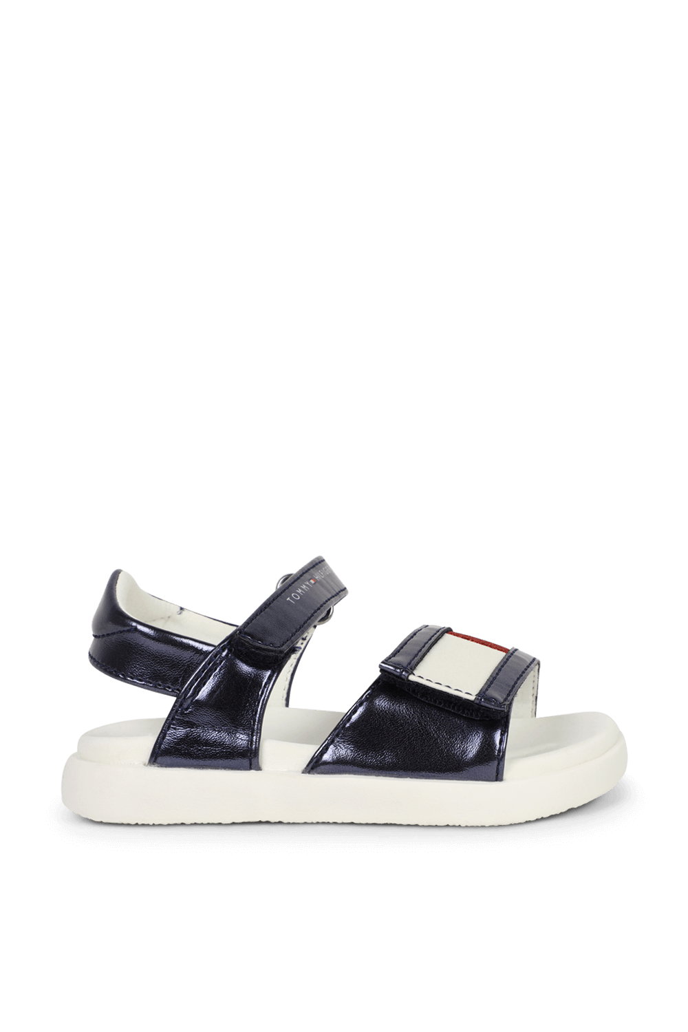 תמונה קידמית של מידות 20-23 סנדלים כחולים מטאליים עם רצועה מנצנצת