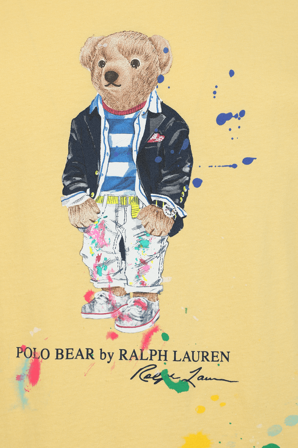 תמונה אחורית של חולצת דובי צהובה עם זריקת צבע צבעונית