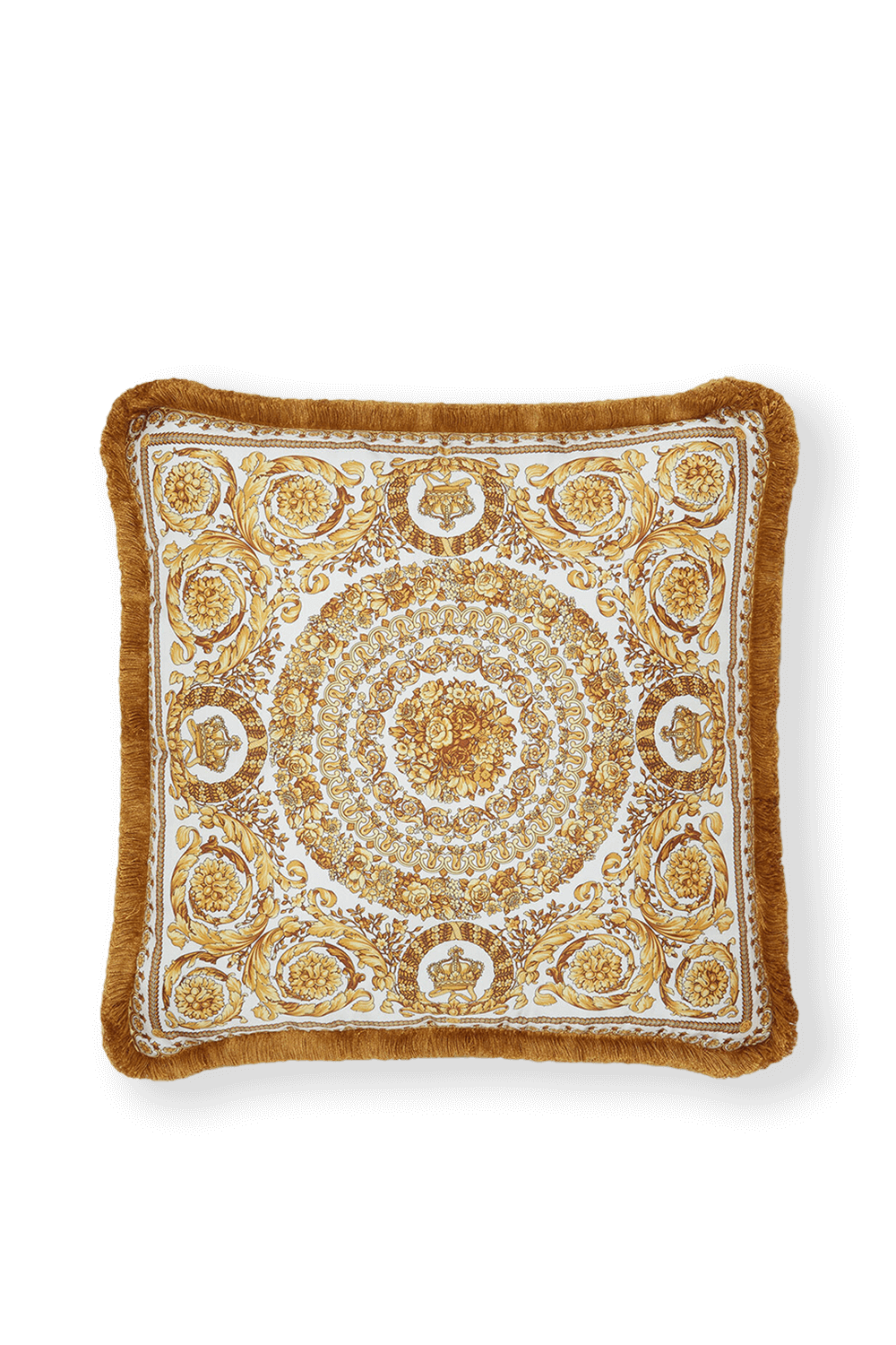 תמונה קידמית של כרית לבנה עם פרנזים והדפס בארוק זהוב