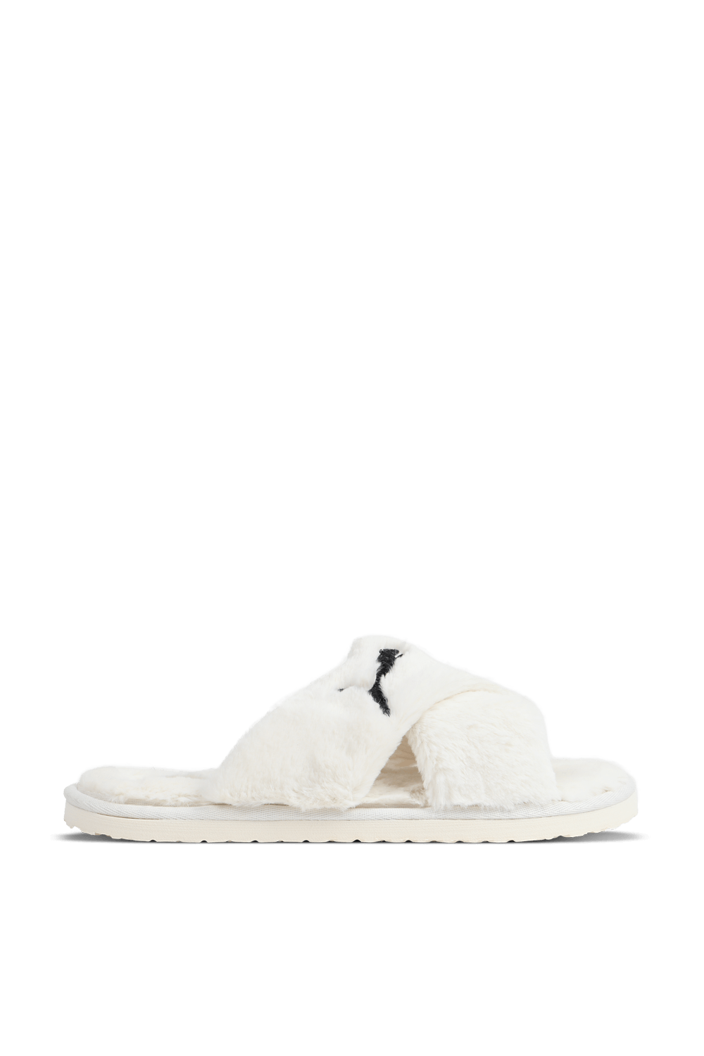 תמונה קידמית של כפכפים דמוי פרווה עם רצועות מצטלבות בגוון לבן