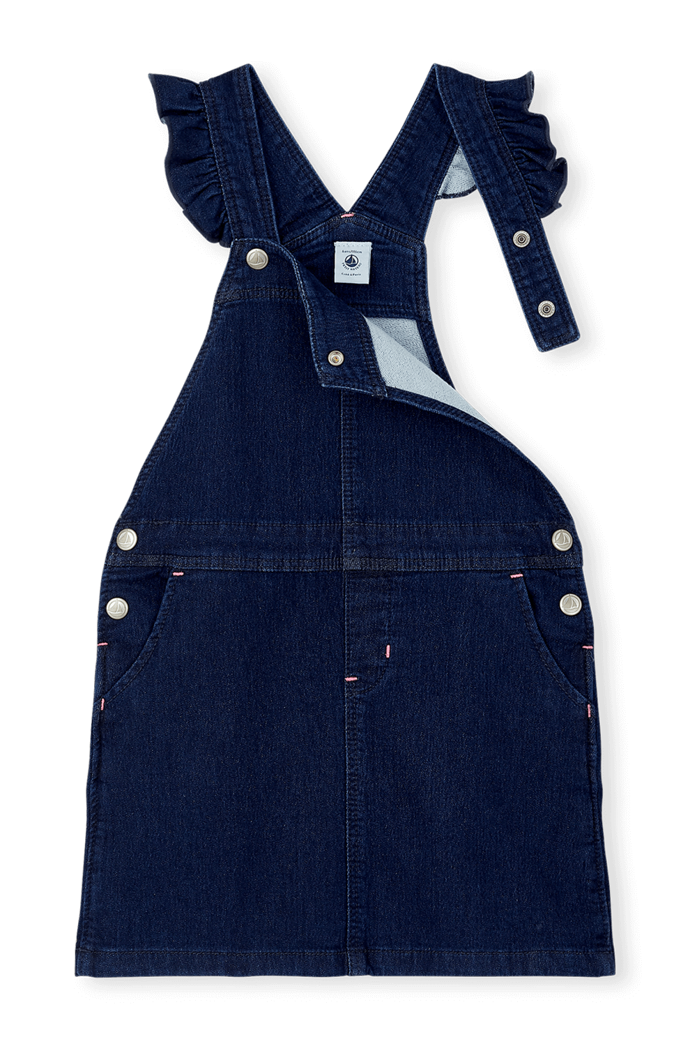 תמונת תקריב של גילאי 3-5 שמלת אוברול בנייבי