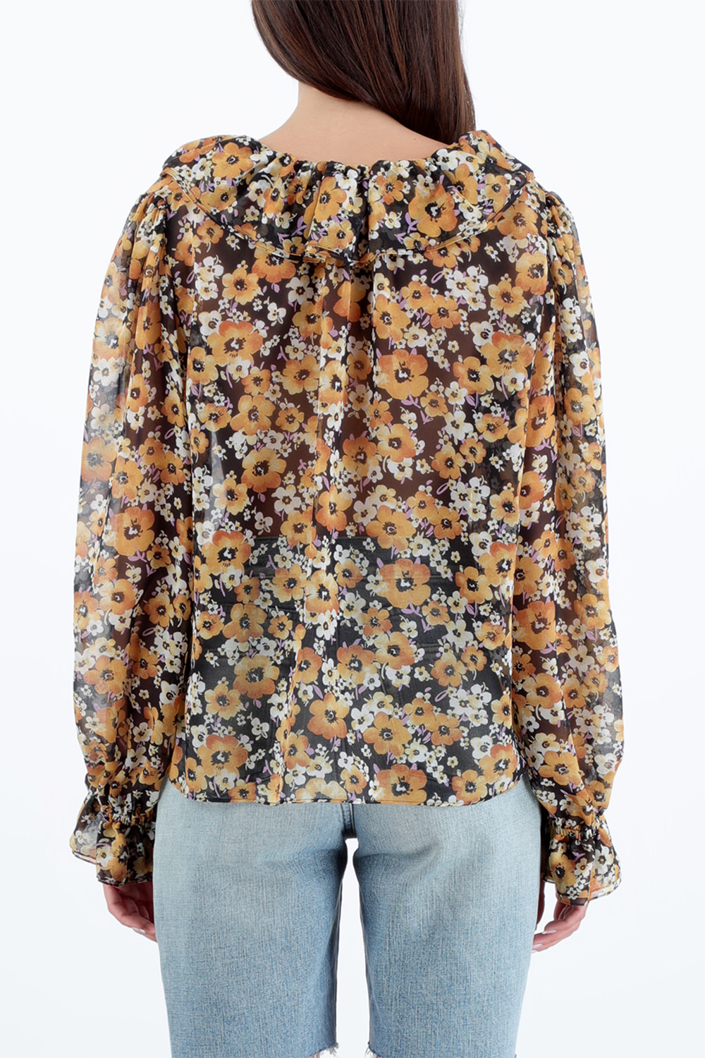 Frilled Tie Blouse in Floral Silk Georgette image number null SAINT LAURENT