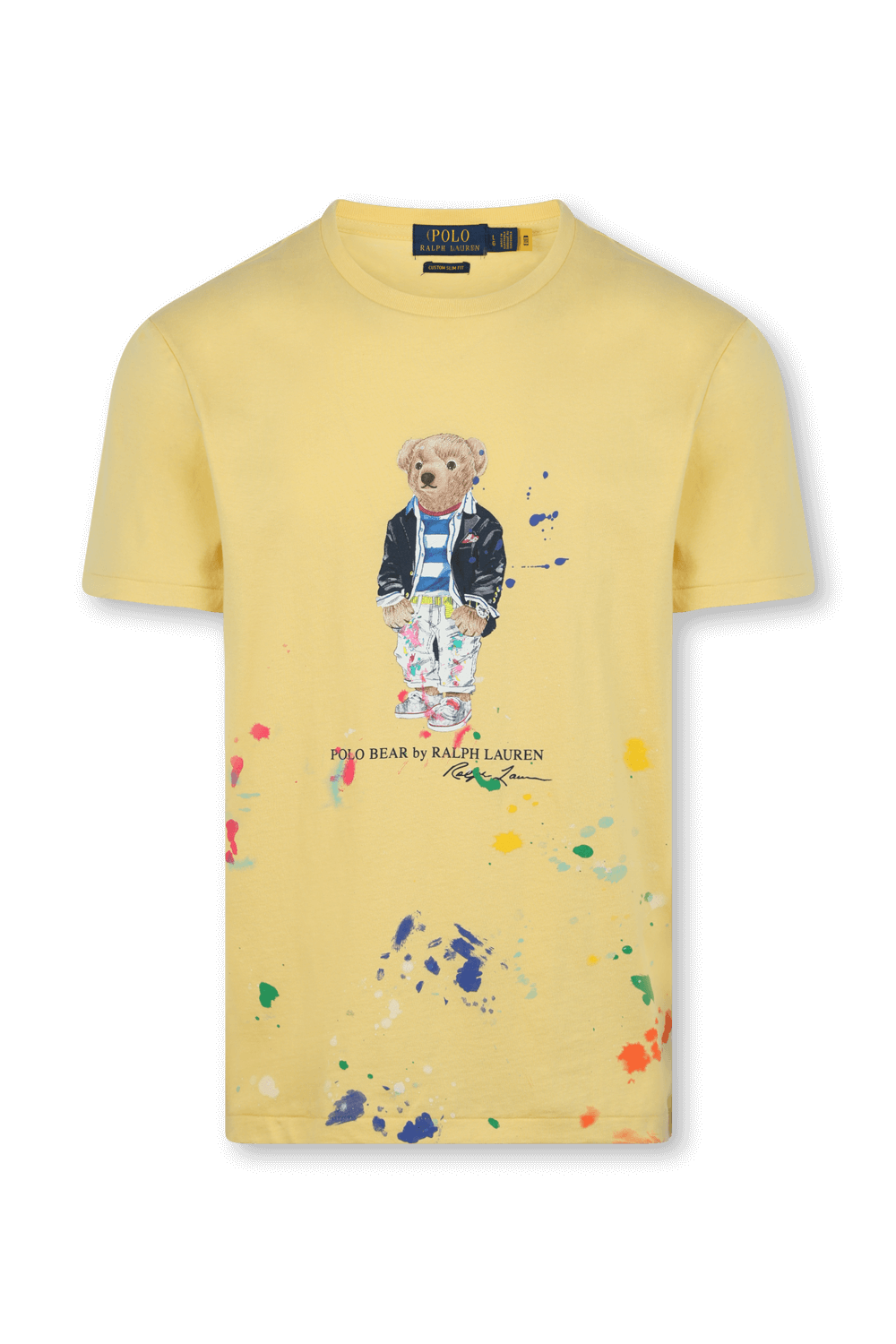 תמונה קידמית של חולצת דובי צהובה עם זריקת צבע צבעונית