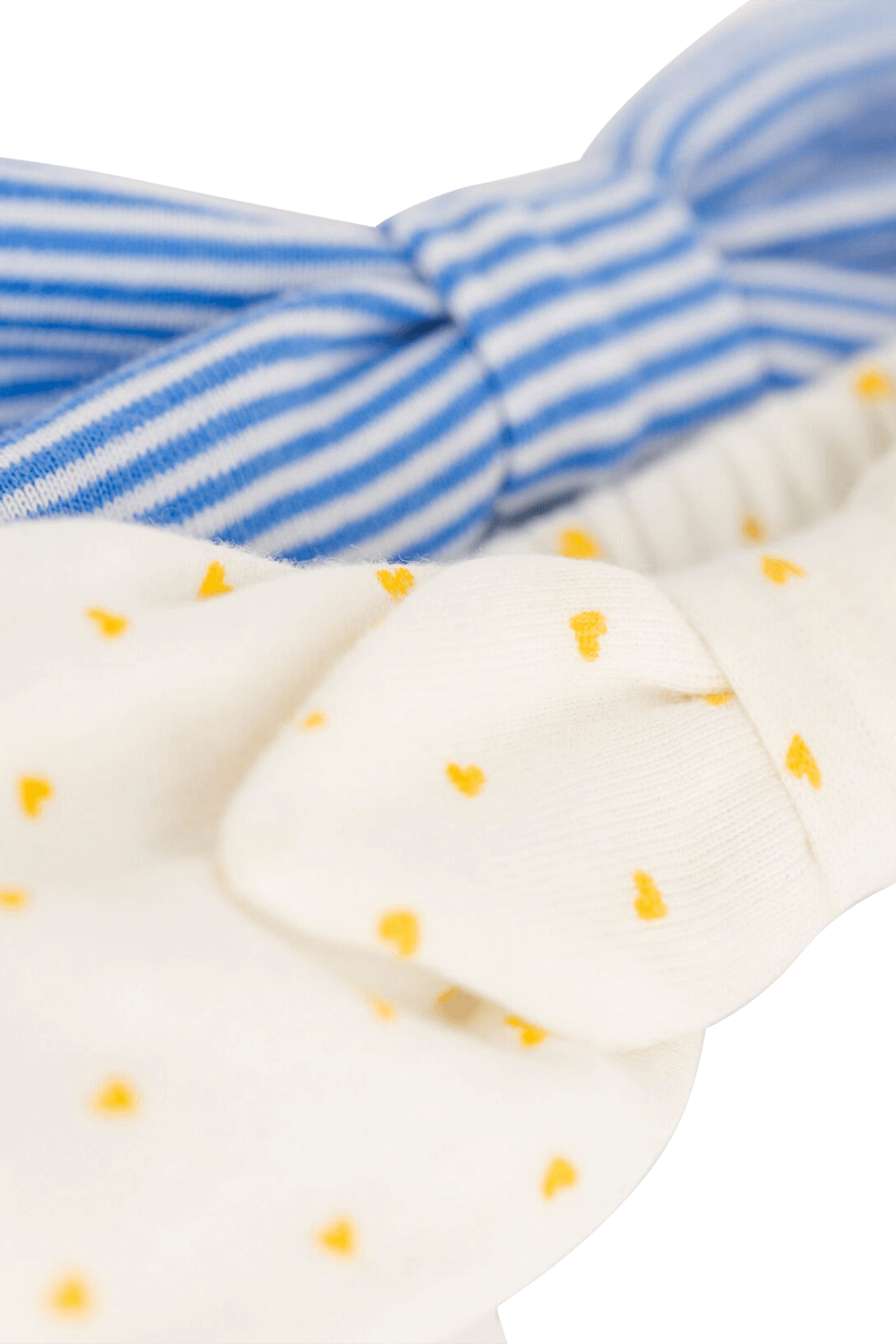 תמונת תקריב של מארז שני פפיונים לשיער בגווני לבן כחול וצהוב