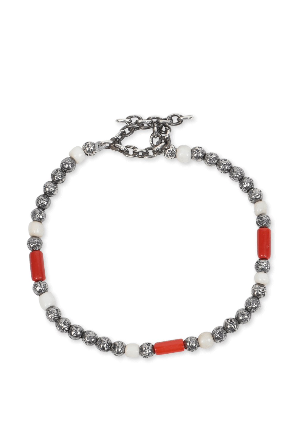 תמונה קידמית של צמיד מחרוזי כסף ואבני קורל אדום