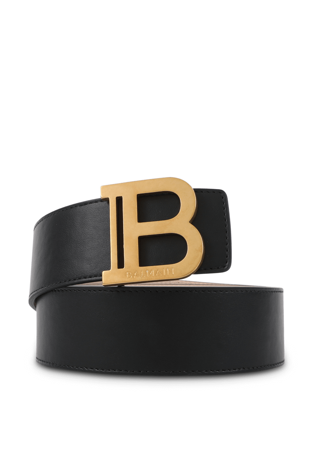 תמונה קידמית של חגורה מעור עם לוגו מוזהב בצבע שחור