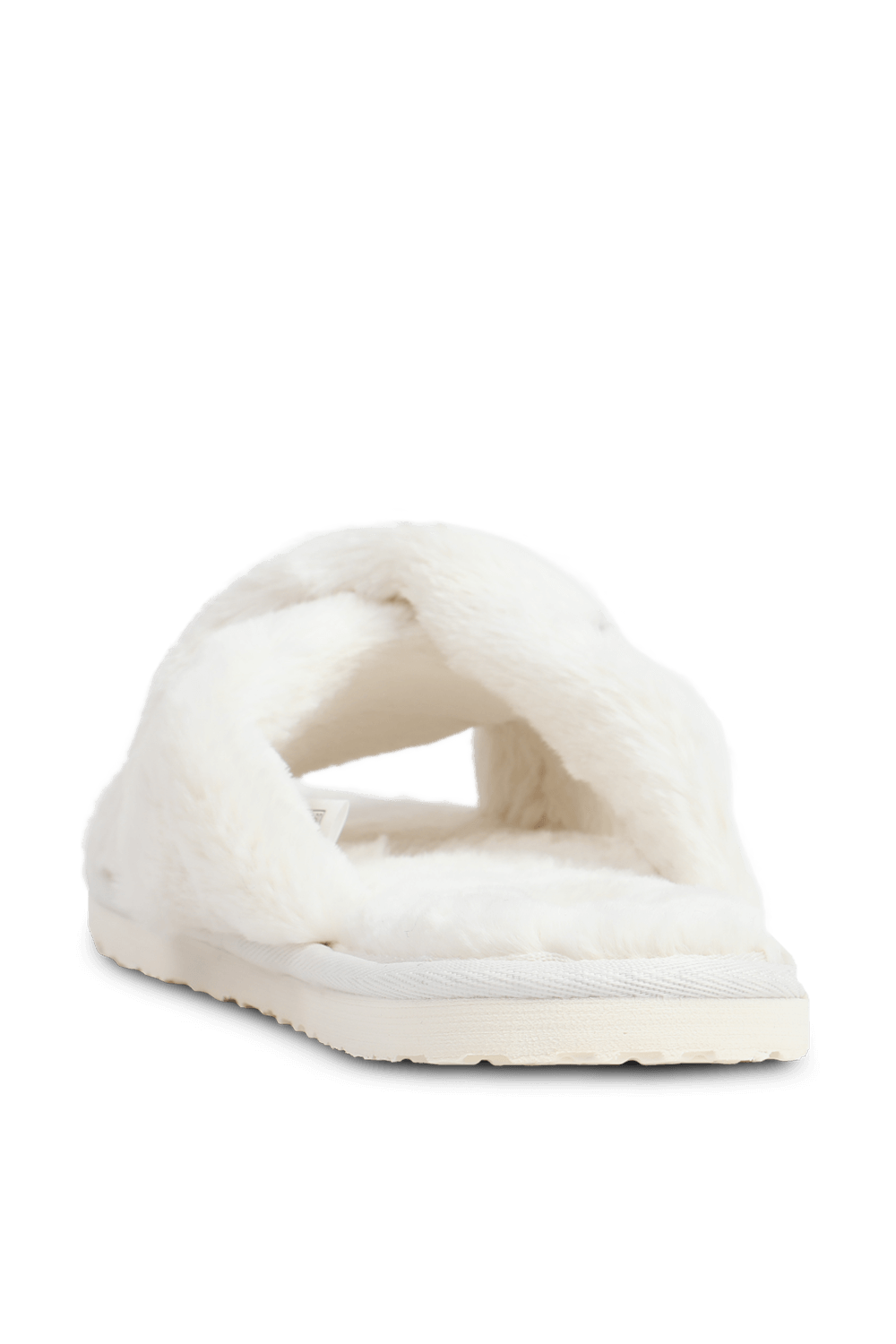 תמונה אחורית של כפכפים דמוי פרווה עם רצועות מצטלבות בגוון לבן