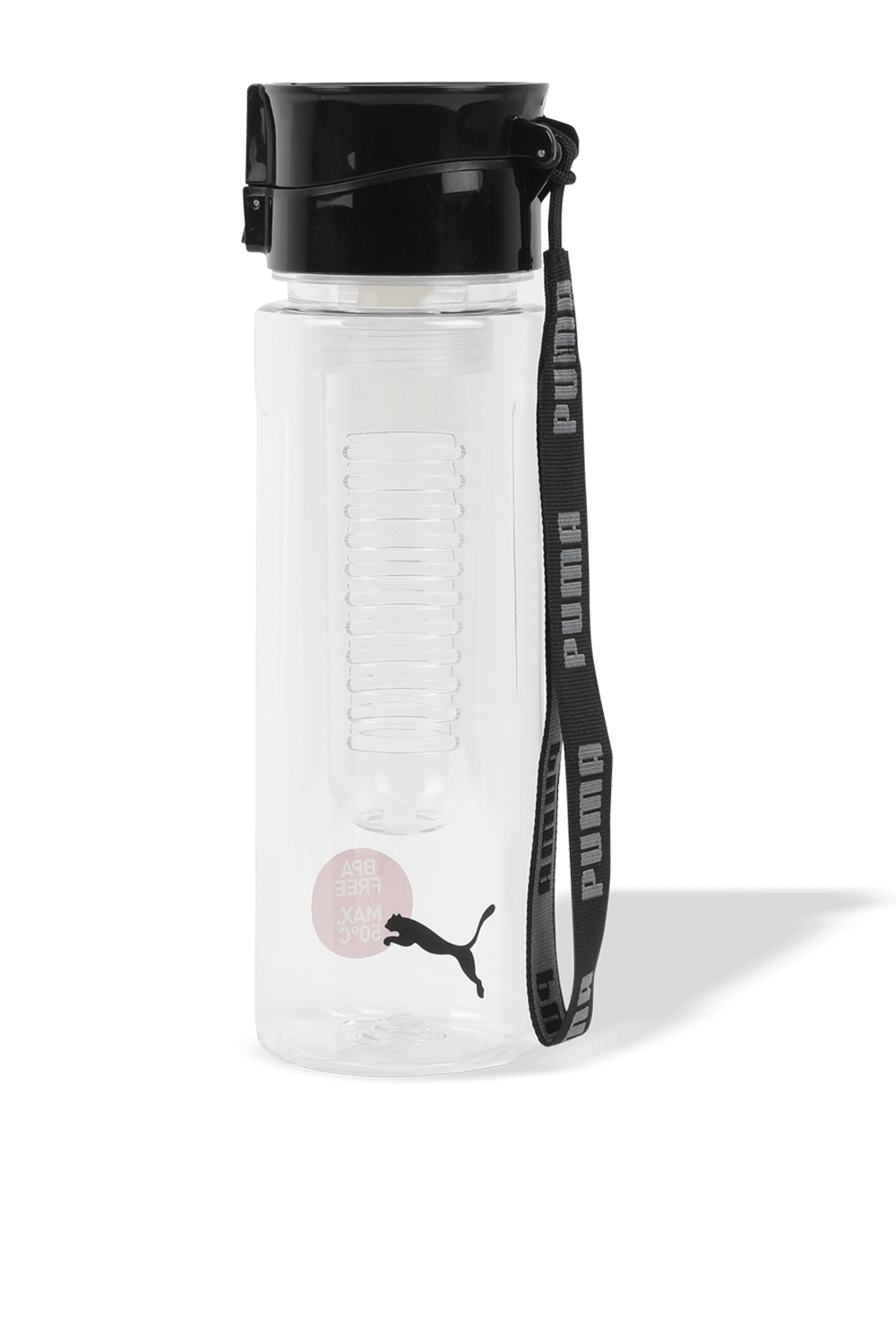 תמונה קידמית של בקבוק מים שקוף עם מחסנית פנימית